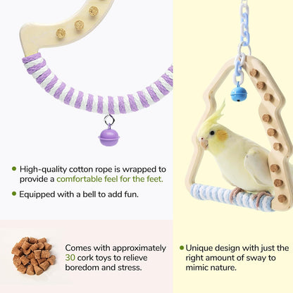 Natural Bird Swing - Moon-Shaped Parrot Perch with Bell and Cork Toys, Spinning Wooden Stand for Parakeets, Budgies, Lovebirds and Small/Medium Birds (White + Blue)