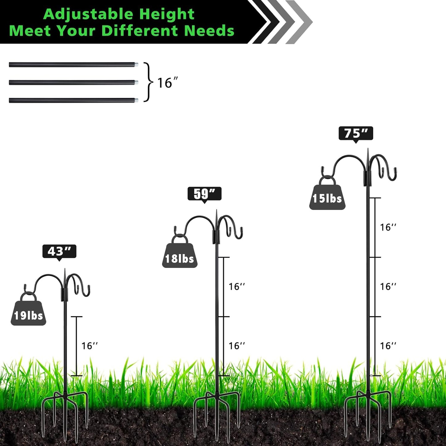 FEED GARDEN [Upgrade Version 76 Inch Three Shepherd Hooks for Outdoor,Bird Feeder Pole with 5 Prong Base, Adjustable Shepard Hooks for Hanging Plant, Solar Lanterns, Wind Chimes, 2 Pack