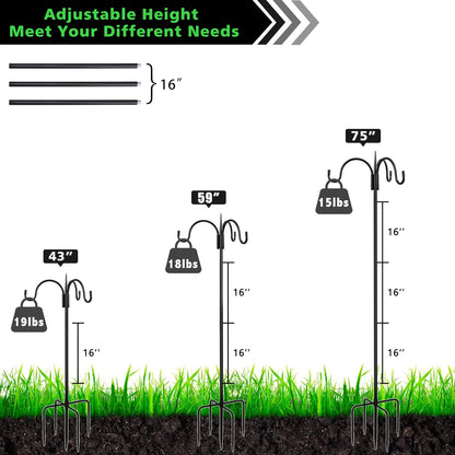 FEED GARDEN [Upgrade Version 76 Inch Three Shepherd Hooks for Outdoor,Bird Feeder Pole with 5 Prong Base, Adjustable Shepard Hooks for Hanging Plant, Solar Lanterns, Wind Chimes, 2 Pack