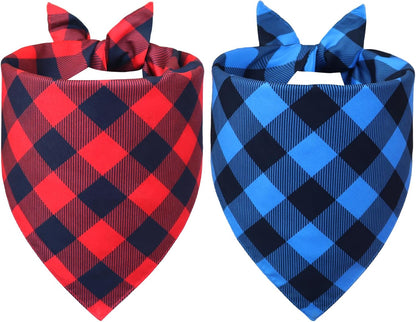 Plaid Dog Bandanas 2-Pack for Small Dogs, Red-Black & Blue-Black Buffalo Check Set - Adjustable Reversible Scarves for Boys & Girls