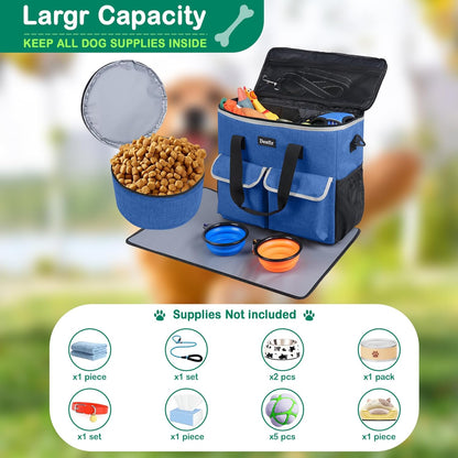 Large Pet Travel Bag Organizer - Dog & Cat Tote with Food Containers, Bowls, Feeding Mat, Perfect for Camping, Hiking (Multi-Pocket Design)