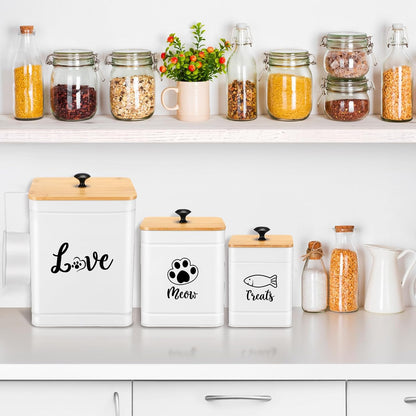 Metal Airtight Cat Food Containers Set of 3 with Bamboo Lids and Spoon 7+3+2 Lbs Cat Treat Storage Container Countertop with DIY Labels Pet Cookie Organizer Jars for Kitchen Counter(White)