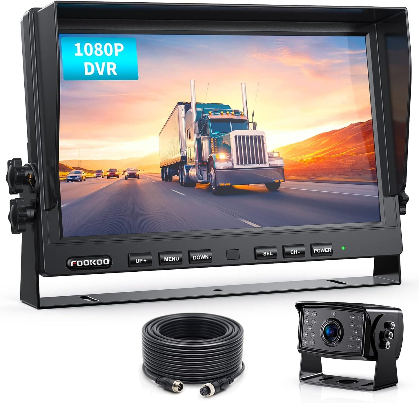 Fookoo ??10" 1080P Wired Backup Camera System,10-inch HD Dual Split Screen Monitor with Recording IP69 Waterproof Rear View Camera Parking Lines Supports Up to 2 Cameras for Truck/Trailer/RV(DY101)