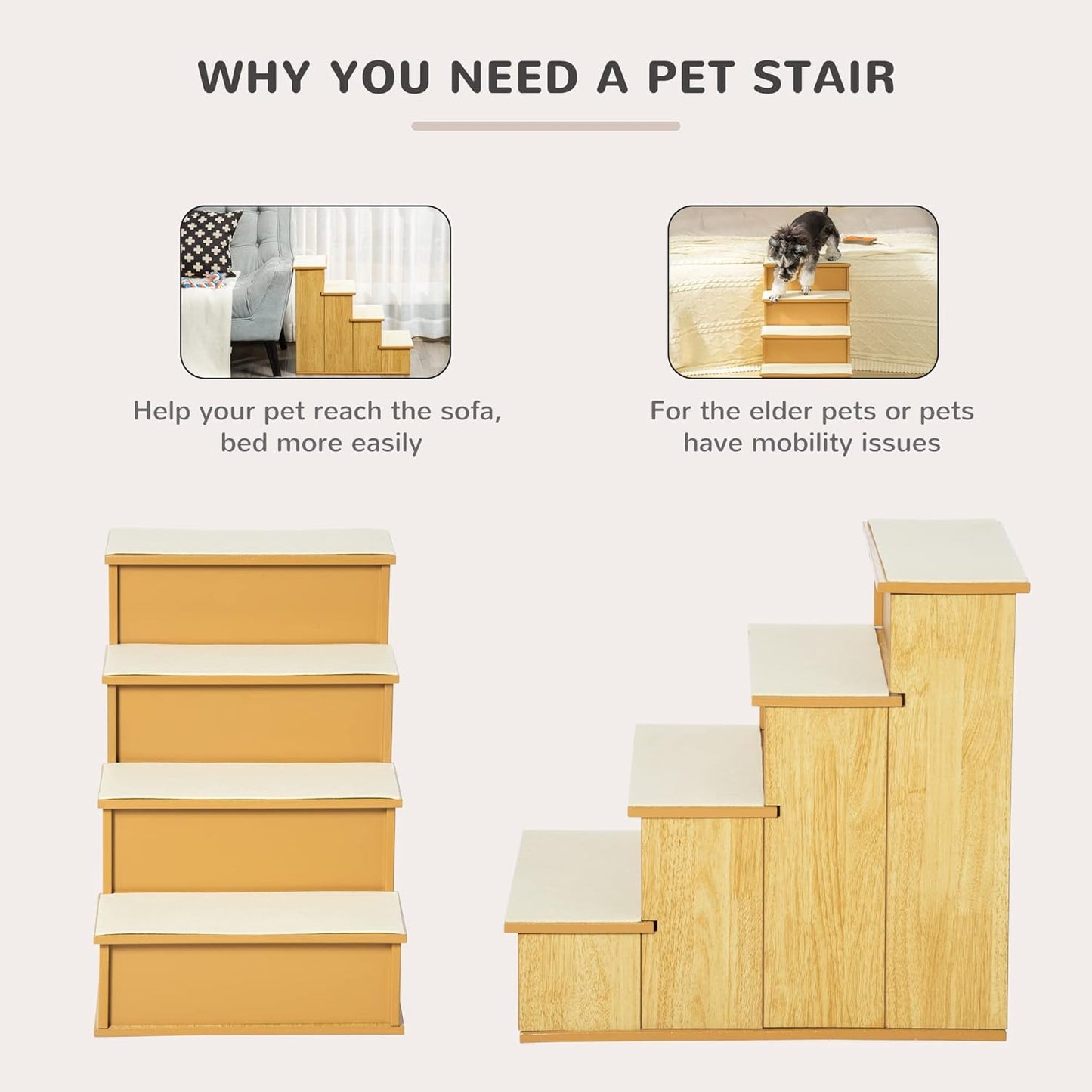 PawHut Pet Stairs, Small Pet Steps with Cushioned Removable Covering for Dogs and Cats Up to 22 Lbs., Natural