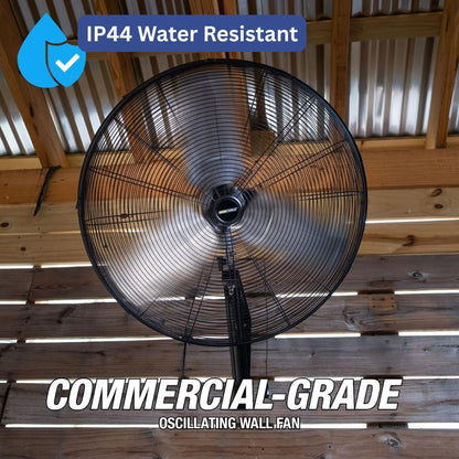 OEMTOOLS 24" Outdoor Wall Mount Fan, 80° Oscillating Fan 6800 CFM Max, Water Resistant, Use in Garage, Gym, Warehouse, Factory and Jobsite