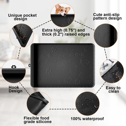 Dog Food Mat - Silicone Dog Mat for Food and Water - 28" x 20" Pet Feeding Mats with Residue Collection Pocket - Waterproof Dog Cat Bowl Mat with High Edges to Prevent Water Food Spills (Black)