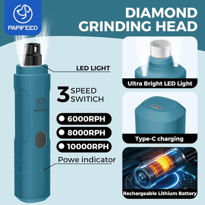 PIPAFFEED Dog Nail Grinder Upgraded with with Dog Nail Trimmers,2 LED Lights, 3-Speed Rechargeable & Quiet - Upgraded Electric Pet Nail Trimmer, Painless Paws Grooming Tool-Bule