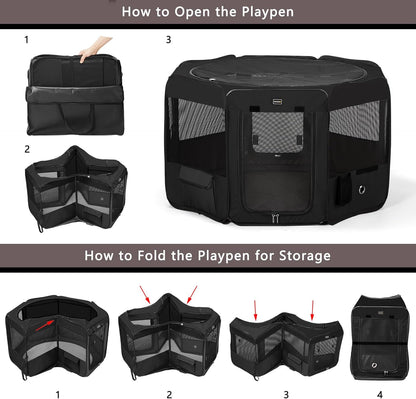DONORO Dog Playpen Portable Pet Play Pens for Small Dog/Cat/Rabbit/Chicks, Cat Playpen Indoor/Outdoor with Carring Case, Removable Zipper Top and Bottom (Black, Large (46"x46"x23"), 8)