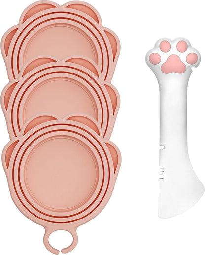 3 Pcs Cat Food Can Lids & One Can Opener | Cute Paw Shape Can Covers and Opener Spatula Cat Spoons for Wet Food | Universal BPA Free Silicone Can Food Spoon & Covers for Dog Cat Cans(Pink)