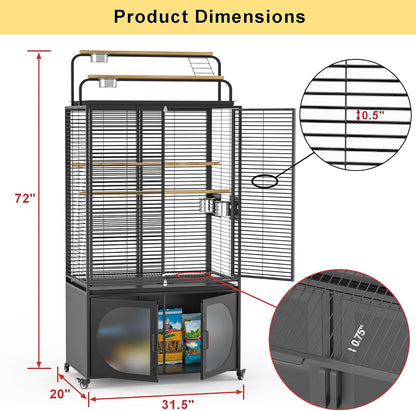 GDLF 72-Inch Bird Cage with Play Top, Parakeet Cage with Rolling Storage Cabinet Extra Large with Cover for Parrot, Cockatiel, Budgie, Parrotlet, Green Cheek Conure