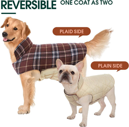 Kuoser Waterproof Dog Coat, Reversible Dog Jacket for Small Dogs, Adjustable Durable Doggie Winter Coat Warm Cozy Puppy Cold Weather Apparel from Small to Large Breed, Brown S