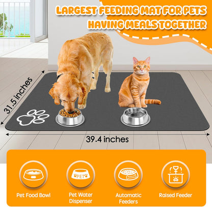 Dog Food Mat, 39.4"x31.5" Largest Absorbent Dog Mat for Food and Water, Non Skid Cat Bowl Mat, No Stains Quick Dry for Pet Water Dispenser Pet Supplies for Messy Drinkers