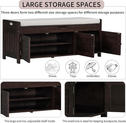 Shoe Storage Bench with 3 Shutter-Shaped Doors, Pine Wood Shoe Bench with Removable Cushion and Hidden Storage Space for Living Room, Entryway 43.5" L x 16" W x 18" H Espresso