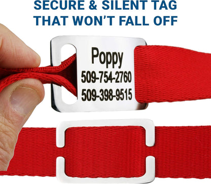 GoTags Personalized Dog Collar with Nameplate, Adjustable Dog Collar with Custom Engraved Slide On Pet ID Tag in Stainless Steel, Silent, No Noise Dog Tag for Large Medium and Small (Red, X-Small)