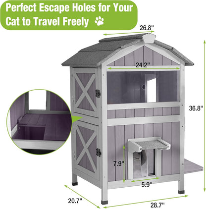 GUTINNEEN Outdoor Cat House Weatherproof Feral Cat Shelter with Escape Doors - 2-Story（AIR94）