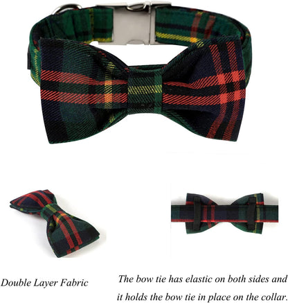 Lionet Paws Christmas Dog Collar with Bowtie Durable Adjustable Handmade Comfortable Bow Tie Dog Collar Cat Collar Green with Metal Buckle for XXS Cats,Girl Boy,Festival,Holiday Style,Neck 7-11in