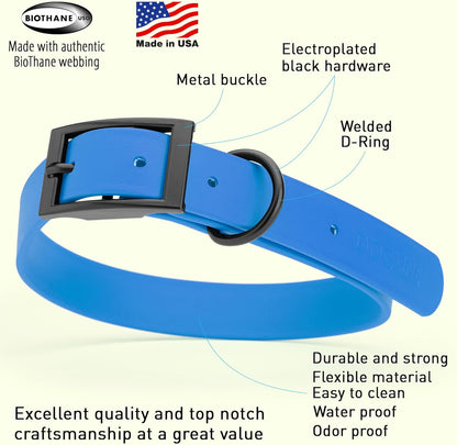 Dogline Biothane Waterproof Dog Collar Strong Coated Nylon Webbing with Black Hardware Odor- Proof for Easy Care Easy to Clean High Performance Fits Small Medium or Large Dogs, Cerulean Blue