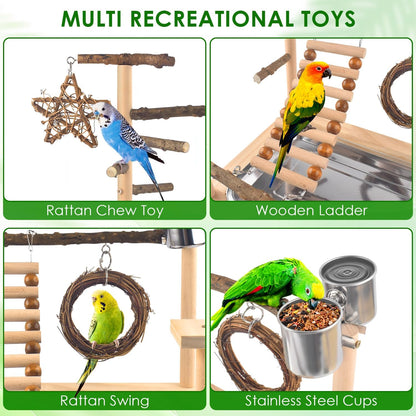 KATUMO Bird Playground - Natural Wooden Perches Parakeet Ladder Conure Swing Bird Cage Accessories with Removable Tray & 2 Stainless Steel Cups