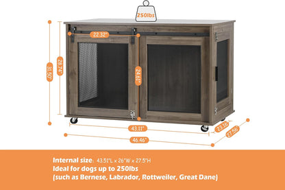 LINLUX 47 Inch XL Dog Crate Furniture, Wooden Heavy Duty Dog Kennel Indoor, Decorative Dog Cage Table for Extra Large Dogs, with Sliding Doors, Wheels and Flip-top Plate