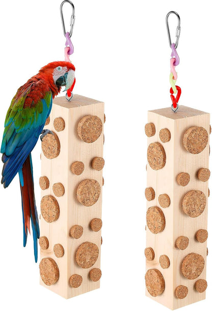 2 Pcs Bird Parrot Chew Toys Wooden Foraging Hanging for Birds Parrots Cork Stopper Toys Cage Woodpecker Feeding Toy for Macaws, Small Parakeets Conure Budgies Finches Cockatiel
