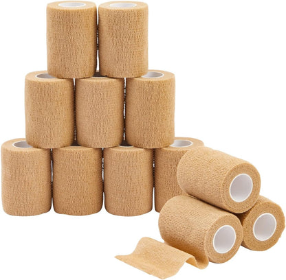 12-Rolls Self Adherent Bandage Wrap, Vet Tape - 3 in x 5 Yds Breathable, Elastic Cohesive Wrap Tape for Wrist, Swelling, Sports, Tattoo (Tan)