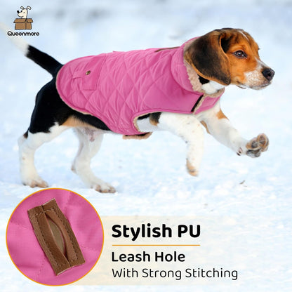 Queenmore Dog Winter Coat - Fleece Jacket, Waterproof Cold Weather Dog Clothes, Thick Warm Cotton Padding, Easy On Storage Pockets (Pink, Small)