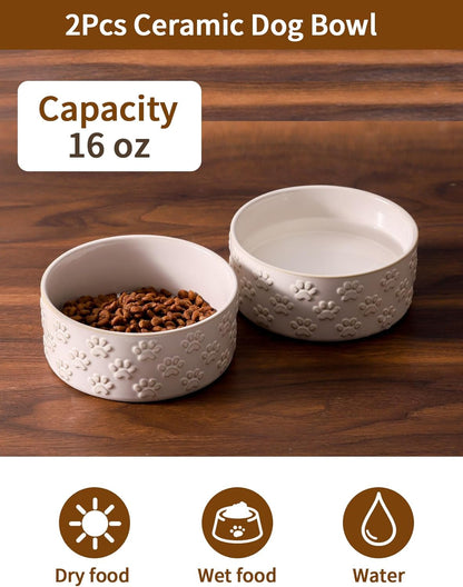 UBEE Ceramic Dog Bowl Set of 2, 5.1 inch Dog Dish Food Bowl with Paw Pattern, Pet Food Water Dish Feeding for Small Dogs and Large Cat, White