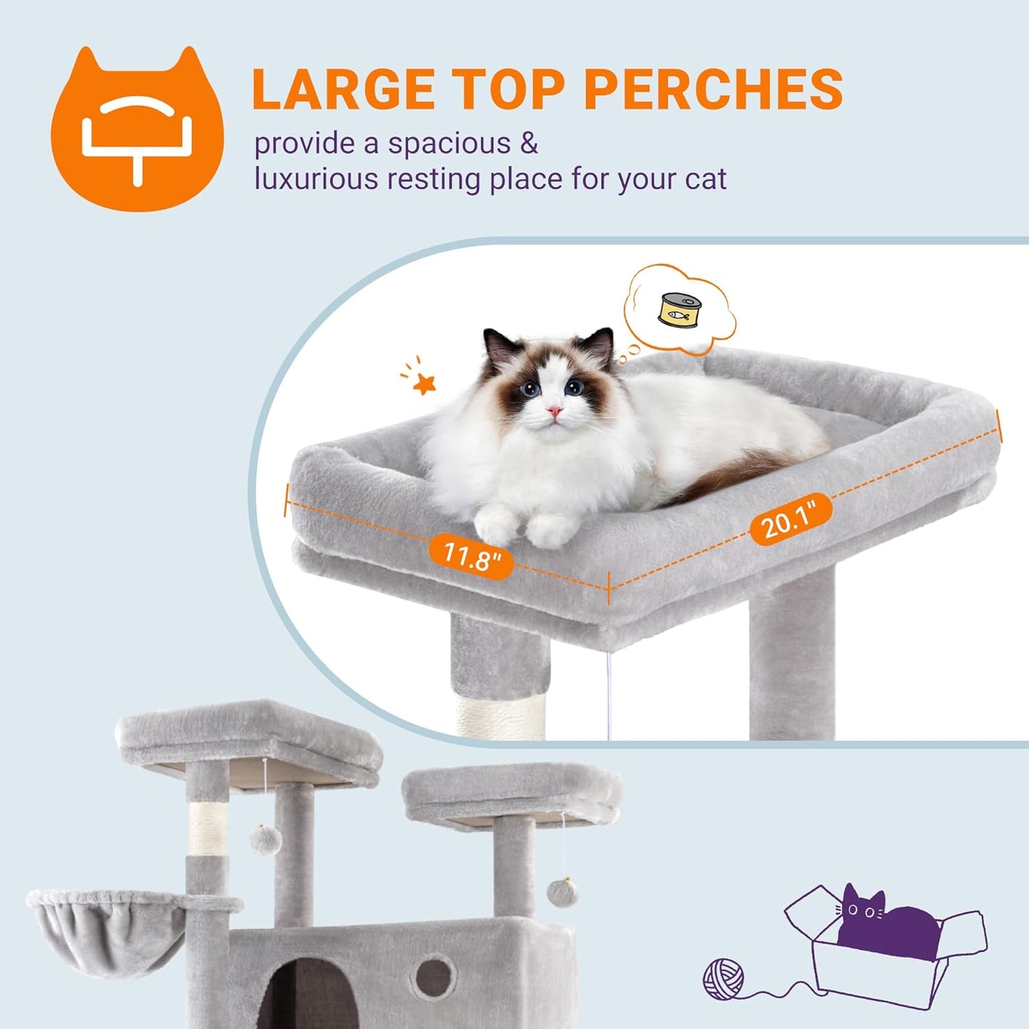 Allewie 81 Inches Tall Cat Tree/Multi-Level Large Climbing Tree House and Towers for Big Feline/Condo and Hammock/Scratching Post/Wide Base/Grey