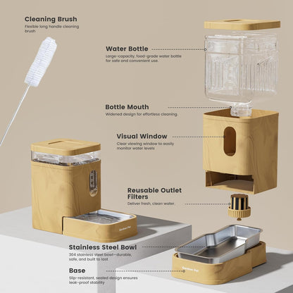 Gardner Pet Automatic Dog Water Dispenser Gravity Waterer with Stainless Steel Bowl Water Dispenser 6.5L Large Capacity Water Feeder for Dogs Cats Pets, BPA-Free Noise-Free (Light Brown, 6.5L)