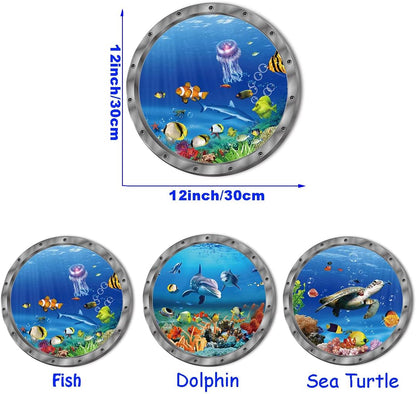 Ocean Animals World Under Sea Decor Includ Sea Turtles Dolphins Fishes 3 Pcs Removable 3D Peel and Stick Vinyl Stickers for Bathroom,Wall Decor,Wall Stickers,Bedroom,Furniture