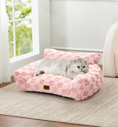 Made4Pets Cat Couch Bed, Soft Faux Fur Checkered Pet Sofa, Calming Fluffy Cat Sofa with Supportive Foam, Removable Washable Cover with Non-Slip Base, Pink, Small