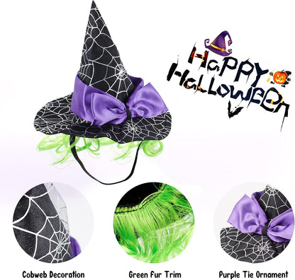 Enjoying Pet Halloween Costumes for Cats Small Dogs, Cat Witch Hat with Funny Wig, Adjustable Doggie Witch Hat Outfit, Kitten Halloween Sorcery Hat Cosplay
