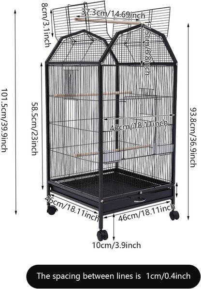 40-Inch Wrought Iron Bird Cage with Open-Top and Rolling Stand, Movable Parrot Cage Pet Bird Flight Cage, 360 Degree View Spacious Interactive Roof Pet Bird House for Medium&Small Birds