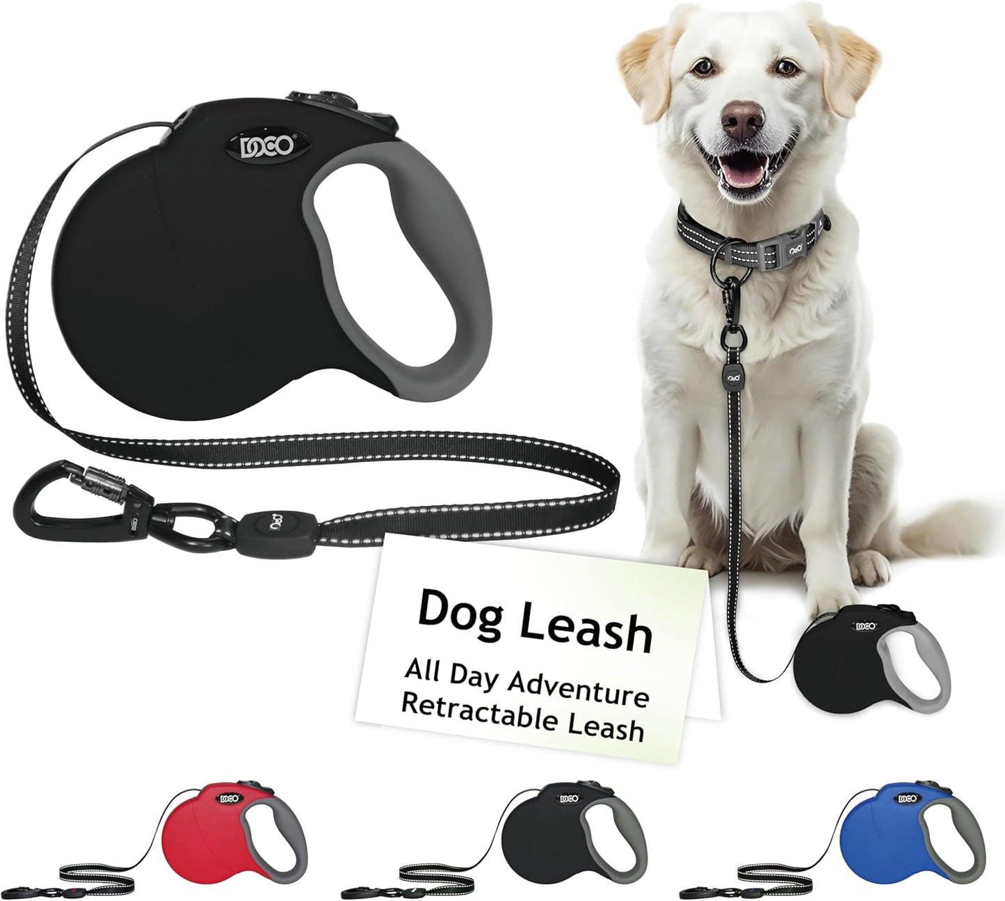 DOCO Retractable Dog Leash for Large Dogs (Length - 16’, Weight - Upto 45lb) Reflective Tape Lead with Stop and Lock Control, Tangle Free 360° Swivel Snap & Anti-Slip Grip (Black, Medium)