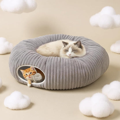 Cat Tunnel Bed for Indoor Cats, Peekaboo Cat Cave Bed,Soft Cat Donut Tunnel for Kitten Large Cats, Grey