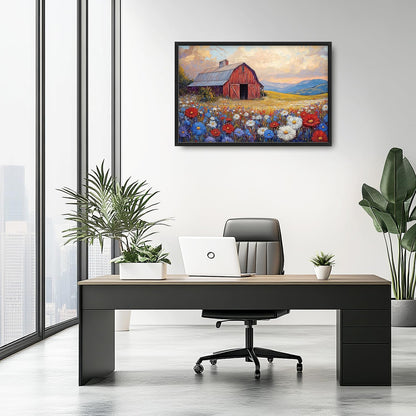 Large Farmhouse Barn Daisy Wall Art for Living Room, Floral Landscape Canvas Oversized Wall Decor, Flower Scenery Framed Pictures Painting Print Artwork for Bedroom Office 36"L x 24"W