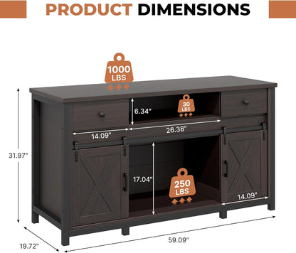 Miereirl 75-120 Gallon Fish Tank Stand with Power Outlet – Heavy Duty Aquarium Stand, Rustic Farmhouse Style, 1000 lb Capacity, Adjustable Storage & Sliding Barn Doors, Dark Brown