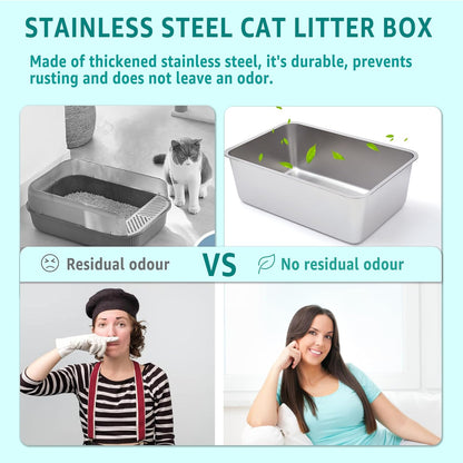 Stainless Steel Litter Box 2 Pack,Metal Litter Box for Cat Easy to Clean,Medium Cat LitterBox for Cats/Kitty/Rabbit,Metal Cat Toilet for Kitten,Non Stick, No Smell,17.7" L x 13.8" W x 6" H