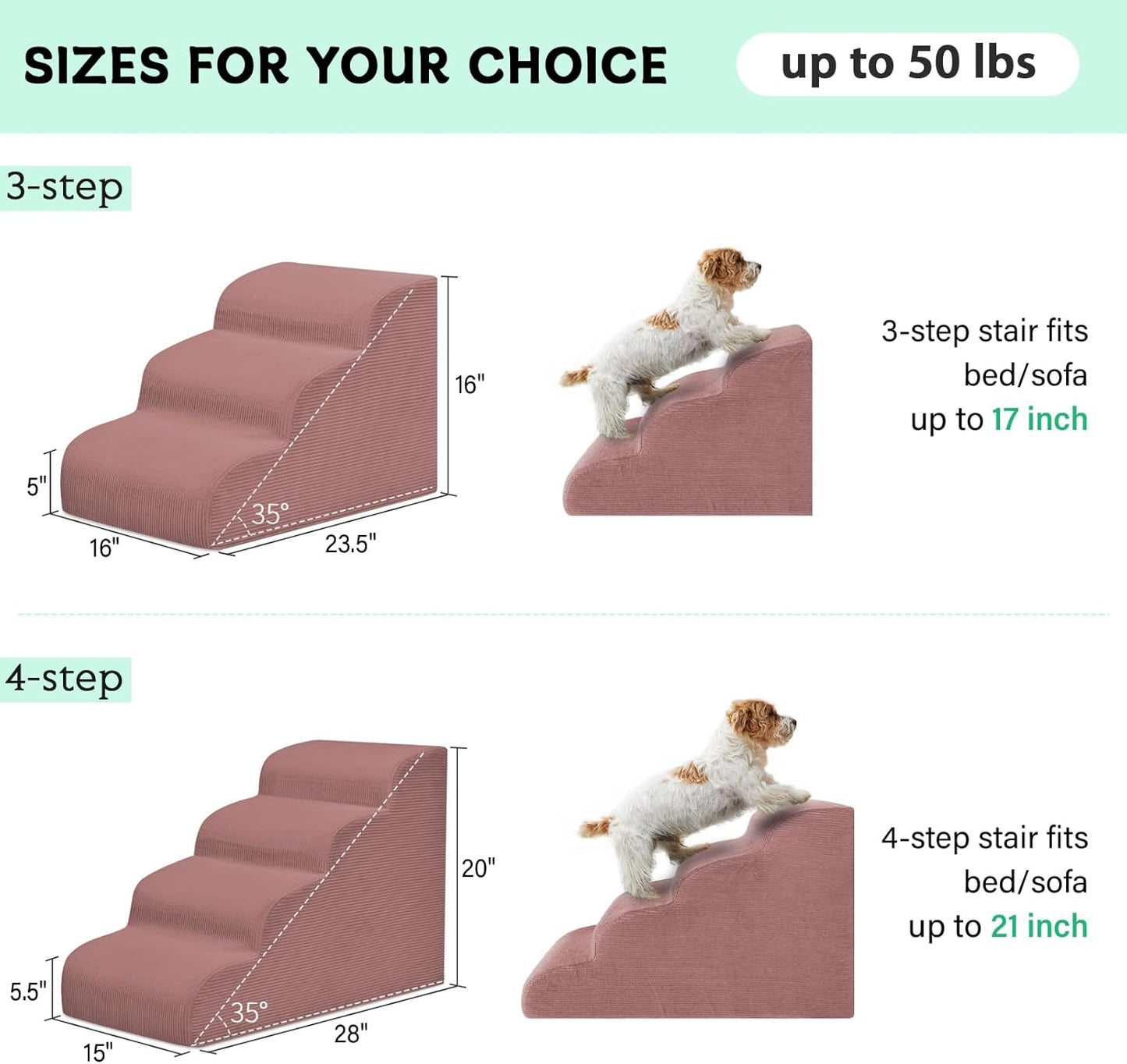 Dog Steps for Small Dogs, 3-Step Pet Ramp Stairs for High Beds and Sofa, Non-Slip Pet Stairs for Small Dogs and Cats, Removable and Easy to Clean Cover, Pink