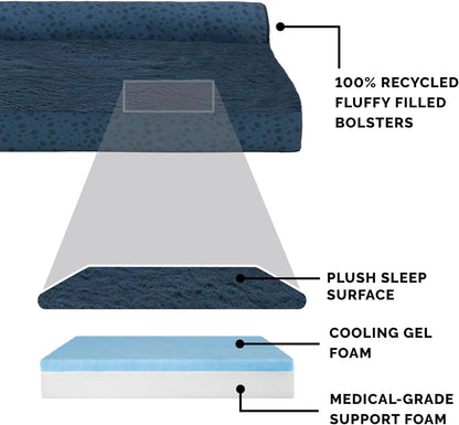 Furhaven Cooling Gel Dog Bed for Large Dogs w/ Removable Bolsters & Washable Cover, For Dogs Up to 95 lbs - Plush & Almond Print L Shaped Chaise - Blue Almonds, Jumbo/XL