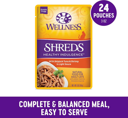 Wellness Healthly Indulgence Shreds Adult Wet Cat Food, Natural, Protein-Rich, Grain Free, 3 Ounce Pouch, 24 Pack, (Tuna & Shrimp)