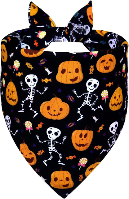 Halloween Dog Bandana for X-Large Dogs - Reversible Black Skull Pumpkin Print Scarf - Soft & Quick-Dry for Costume Parties