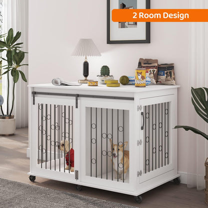IchbinGo Large Dog Crate Furniture with Sliding Barn Door, 43.7" Wooden Dog Kennel End Table with Wheels and Flip-top Plate Dog House with Detachable Divider for Small/Medium/Large Dog (White)