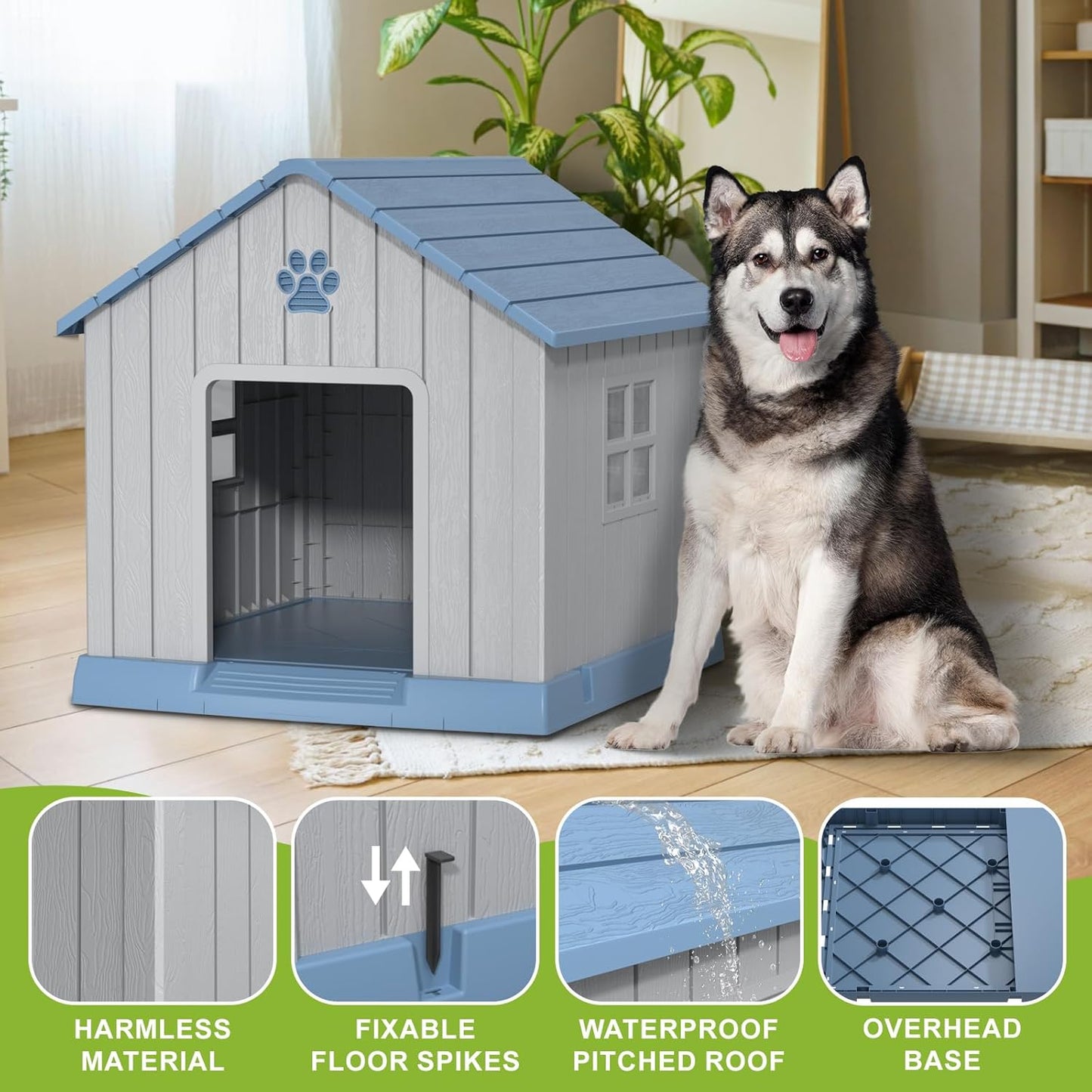 DRATO Dog House Indoor Outdoor for Small to Large Sized Dogs Indoor Outdoor Doghouse Puppy Shelter with Elevated Floor, Easy to Assemble (Blue, 31Inch(31.18 * 33.7 * 32.52))