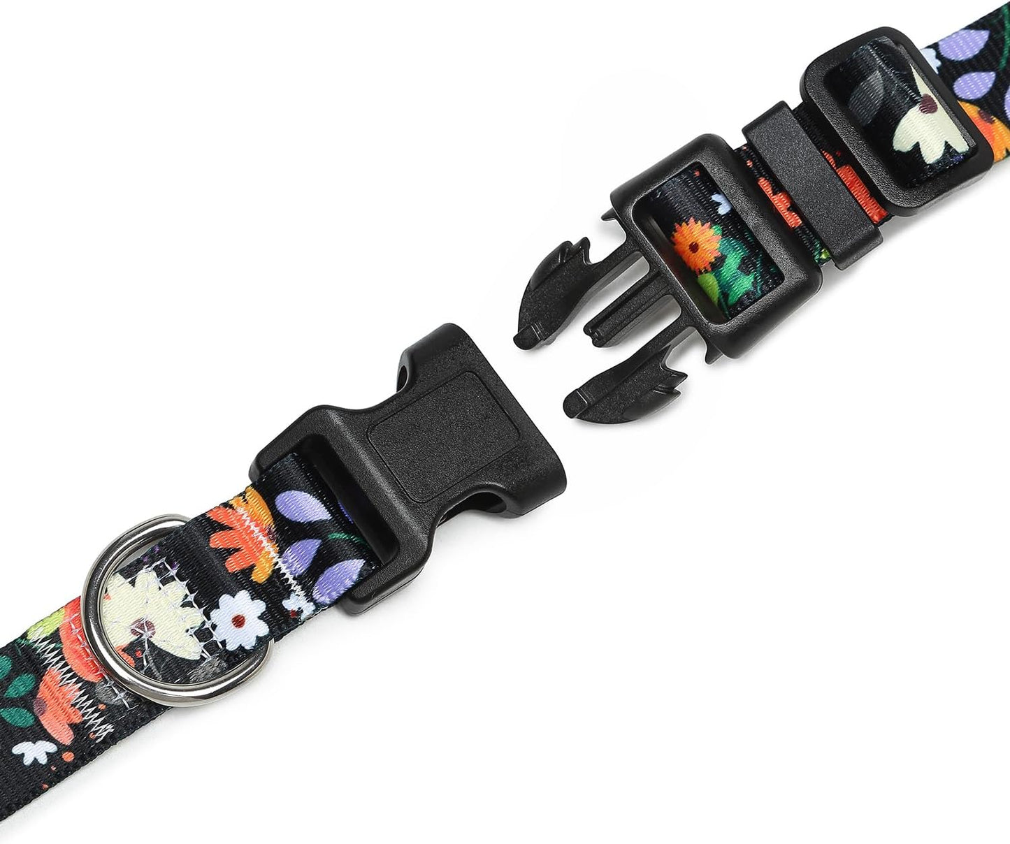 Mercano Adjustable Dog Collar - Special Design Patterns, Soft Nylon Comfortable Durable Pet Collar for Small Medium Large Dogs (S, Floral Orange)