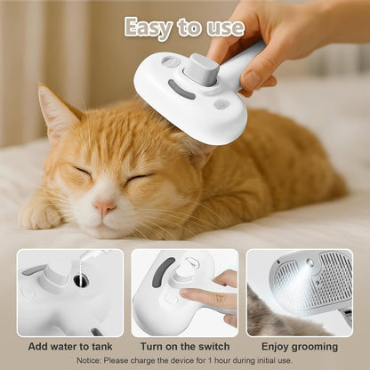 ‌3-in-1 Pet Steam Brush with Self-Cleaning & Cool Mist‌ – Portable Grooming Tool for Cats & Dogs, Long-Lasting Shedding Control & Detangling, Refillable Water Tank & Fast Charging