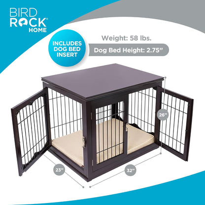 INTERNET'S BEST Decorative Dog Kennel with Pet Bed, Small Pet House, Double Door Indoor Crate, Engineered Wood & Wire Furniture, Side Table & Nightstand, Fits Small Dogs - Espresso