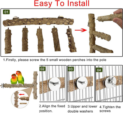 Bird Ladder Perch for Cage, Nature Wooden Bird Bridge Exercise Stands Parrot Climbing Chewing Toys for Small Animal (B)