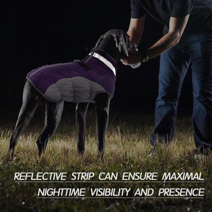 FUAMEY Dog Coat for Large Dogs,Waterproof Dog Winter Jacket with Harness Built in Puppy Cold Weather Coats Reflective Pet Vest with Zipper Warm Fleece Dogs Snowsuit Windproof Purple XXXL