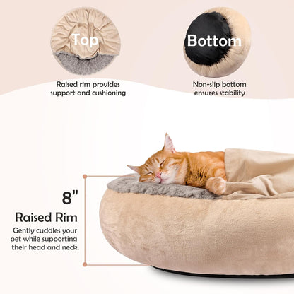 JOEJOY Small Dog Cat Bed With Hooded Blanket, Cozy Cuddler Luxury Puppy Pet Donut Round Calming Anti-Anxiety Burrow Cave - Anti-Slip Bottom, Machine Washable, 23 Inch